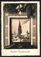 AK Freiburg / Breisgau, Blick Auf Das Münster Im Weihnachtlichen Passepartout, Neujahrskarte  - Freiburg I. Br.