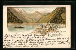 Lithographie Königsee / Berchtesgaden, Panorama Mit Boot & Edelweiss  - Berchtesgaden