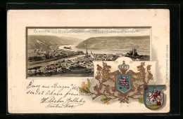 Passepartout-Lithographie Bingen / Rhein, Mäusethurm U. Ehrenfels, Blick Nach Bingerbrück, Wappen  - Autres & Non Classés