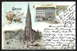 Lithographie Freiburg / Breisgau, Hotel Engel, Münster Mit Brunnen  - Freiburg I. Br.
