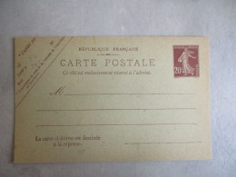 SEMEUSE 20 C ENTIER POSTAL DEUX VOLETS CARTE REPONSE - Cartes Postales Types Et TSC (avant 1995)