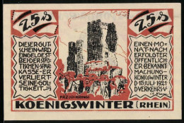Notgeld Königswinter /Rhein 1921, 25 Pfennig, Burgruine Und Kath. Walpottin V. Bassenheim, Burggräfin Von Drachenfels  - [11] Lokale Uitgaven