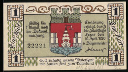 Notgeld Hoyer 1920, 1 Mark, Ortsansicht Mit Der Windmühle  - Denmark