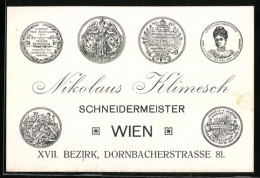 Vertreterkarte Wien, Schneidermeister Nikolaus Klimesch, Dornbacherstrasse 81, Wappen Und Medaillen  - Unclassified