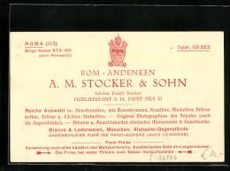 Vertreterkarte Rom, A. M. Stocker & Sohn, Hoflieferant S. H. Papst Pius XI, Andenken Und Devotionalien Handlung  - Ohne Zuordnung