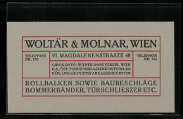 Vertreterkarte Wien, Woltär & Molnar, Magdalenenstrasze 40, Rollbalken, Baubeschläge Bommerbänder, Türschlieszer E  - Non Classés