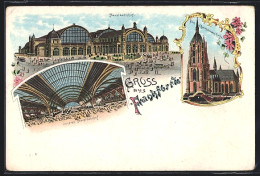 Lithographie Frankfurt, Hauptbahnhof, Bartholomäus-Kirche  - Frankfurt A. Main