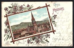 Lithographie Freiburg / Breisgau, Ortsansicht Mit Dem Münster, Im Floralen Passepartout  - Freiburg I. Br.