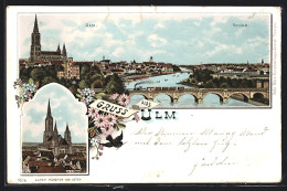 Lithographie Ulm / Donau, Münster Von Osten, Totalansicht Mit Neuulm  - Ulm