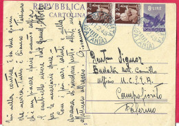 ANNULLO CSLR BLU "SOLLICCHIATA*11.2.49*/(CATANIA)" SU INTERO CARTOLINA POSTALE LIRE 8(+2L.X2) CAMPOFIORITO - 1946-60: Marcophilia