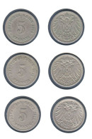 Allemagne  5 Pfennig 1904 A + 1905 A + 1906 A, Type Ll, KM# 11, Deutsches Reich, - 5 Pfennig