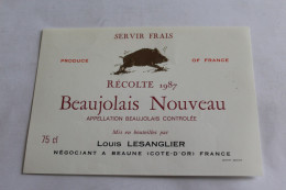 Etiquette De Vin Neuve Recolte 1987 Beaujolais Nouveau Sanglier LOUIS LESANGLIER Negociant BEAUNE - Alkohole & Spirituosen