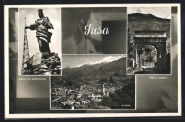 Cartolina Susa, Madonna Del Rocciamelone, Panorama, Arco Di Augusto  - Sonstige & Ohne Zuordnung