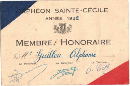 OCCITANIE AUDE AZILLE THEME MUSIQUE : CARTE DE MEMBRE DE L'ASSOCIATION ORPHEON SAINTE CECILE ANNEE 1932 GUILLOU ALPHONSE - Other & Unclassified