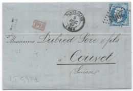 LT5971  N°22/Lettre, Oblitéré GC 2964 PONTARLIER(24), Indice 3, Pour COUVET "SUISSE", Du 8 Dec. 1867, Port Destinataire - 1862 Napoléon III