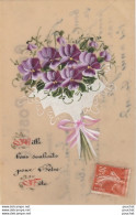 CARTE CELLULOÏD  " MILLE BONS SOUHAITS POUR VOTRE FETE " BOUQUET DE VIOLETTES  AQUARELLEES - 2 SCANS - Sonstige & Ohne Zuordnung