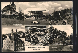 AK Hohenstein-Ernstthal, Auto-Rennstrecke, HO-Berggasthaus, Rathaus, Clausmühle  - Hohenstein-Ernstthal