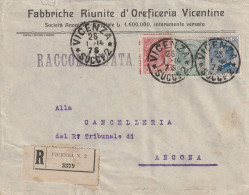 Italie VARIETE 1 Timbre Piquage à Cheval Lettre Entête Vicentine Recommandée VICENZA N 2 26/1/1914 Pour Ancona - Marcophilie