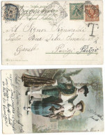 France Timbre Taxe C.5 Sur CP Italie Avec Floreale C2+c5 Fiorenzuola 18giu 1904 X Paris - 1859-1959 Briefe & Dokumente