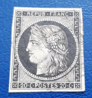 1849 - 1850 / TYPE CERES / N° 3  20 C . NOIR SUR JAUNE / OBLITERE GRILLE / COTE 65€00 / 10% / 6€50 - 1849-1850 Cérès