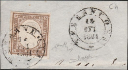 26 - Sardegna - 1861 - 10 C. Bruno Cioccolato Chiaro N. 14Ck Usato Su Frammento. Cert. Raybaudi. Cat. € 650,00. SPL - Sardinië