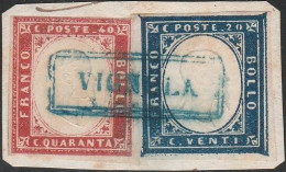 27 - Sardegna - 1859 20 C. Indaco Oltremare I Tavola Tiratura + 40 C. Rosa Scuro 1860 Usati Su Frammento Con Cartella Do - Sardinien