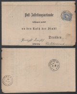 DRESDEN STREHLEN - DR / 1886 POST ZUSTELLUNGSURKUNDE FALTBRIEF ==> DRESDEN (ref 7196) - Covers & Documents