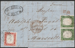 33 - Sardegna - 1857 Lettera Da Nizza Marittima Per Marsiglia Affrancata Con IV Emissione 5 C. Verde Giallo Scuro + 40 C - Sardinia