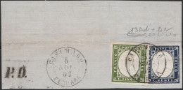 37 - Sardegna - 1862 - 5 C. Verde Bronzo + Regno 20 C. Indaco Con Riflessi Violacei N. 13Dd+2a Su Frammento Annullati “C - Sardinië