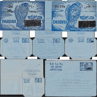 Dubaï / EMU 1968/1973. 5 Aérogrammes à 25 & 40 Dirhams (2), 60 Dhms & Fils. 2 Formats Différents Gravure Refaite. Faucon - Aigles & Rapaces Diurnes