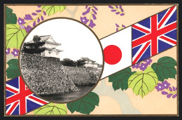 AK Osaka, Castle, Britische Und Japanische Flagge  - Osaka