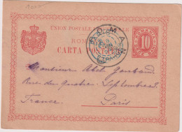 * ROMANIA > 1889  POSTAL HISTORY > 10 Bani Stationary Card From Roman To Paris, France - Covers & Documents