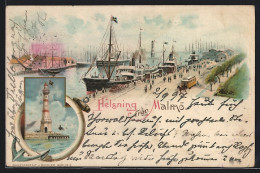 Lithographie Malmö, Panorama Vom Hafen, Leuchtturm  - Suède