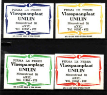 4 Dutch Matchbox Labels, Axel - Zeeland, Firma Le Feber Vlasspaanplaat UNILIN, Holland, Netherlands - Boites D'allumettes - Etiquettes