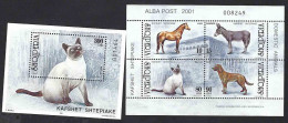 Albania, Albanie 2001; CAT + Domestic Animals, Dog, Horse, Donkey. BF + S/s. - Domestic Cats