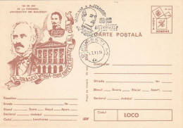 BUCHAREST UNIVERSITY ANNIVERSARY, AL. ORASCU, AL.I. CUZA, POSTCARD STATIONERY, 1989, ROMANIA - Entiers Postaux