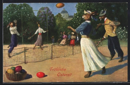 Künstler-AK Arthur Thiele Unsign.: Osterhasen Spielen Tennis  - Ostern