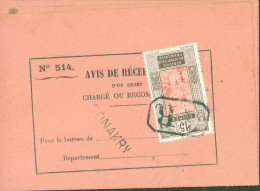 AOF Guinée Avis De Réception Chargé Ou Recommandé  De Cote D'Ivoire YT N°68 Oblitération AR + Griffe Linéaire Conakry - Lettres & Documents