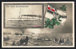 AK Kriegsschiff Karlsruhe, Versenkung Feindlicher Schiffe, Schiffbrüchige, Reichskriegsflagge  - War 1914-18