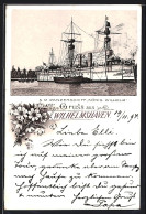 Vorläufer-Lithographie Wilhelmshaven, 1894, SM Panzerschiff König Wilhelm  - Krieg