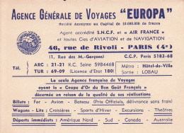 Agence Générale De Voyages  EUROPA . Rue De Ricoli à PARIS - Visiting Cards