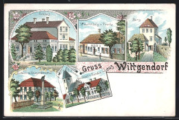 Lithographie Wittgendorf / Oberlausitz, Gasthaus V. Sander, Warenhandlung V. Franke, Schloss Und Burg  - Other & Unclassified