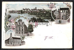Lithographie Neuburg A. D., Amalien-Strasse, Kgl. Studienanstalt, Ortsansicht Vom Wasser Aus  - Neuburg
