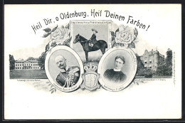 AK Oldenburg / Old., Elisabeth-Anna-Palais, Grossherzogspaar Von Oldenburg, Erbgrossherzog Als Kind Zu Pferde  - Familles Royales