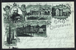 Mondschein-Lithographie Oldenburg / Old., Grossherzog Peter Von Oldenburg Mit Engeln, Bahnhof, Hafenpartie, Neues Schl  - Königshäuser