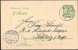 Germany Bayern Hof 5Pf Postal Stationery Card Mailed To Schleiz 1905 - Brieven En Documenten