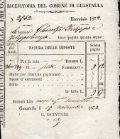 Regno D'Italia - 1872 - Ricevuta Esattoriale (Guastalla) Con Marca Da Bollo Al Verso - Steuermarken