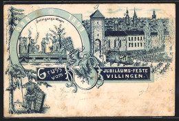 Lithographie Villingen / Baden, Jubiläum 1899, Huldigungs-Wagen, Ortsansicht Mit Festumzug Und Turm, Ritter, Wappen  - Baden-Baden