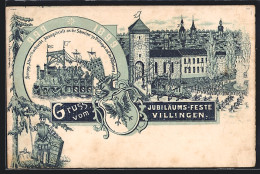 Lithographie Villingen / Baden, Jubiläum 1899, Herzog Albrecht Schreibt Absagebriefe, Festumzug U.Turm, Ritter, Wappen  - Baden-Baden