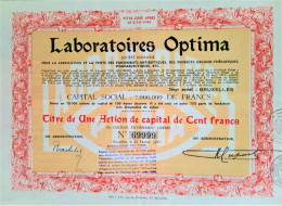 Laboratoires Optima - 1947 - Bruxelles - Une Action De Capital De 100 Francs - Andere & Zonder Classificatie